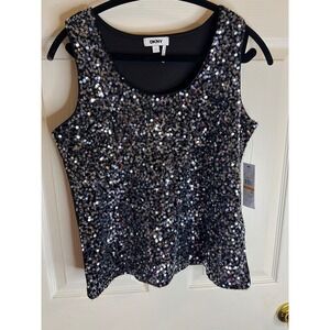DKNY Womens silver Black Sequin Tank Top Sparkle Party Evening‎ Size S